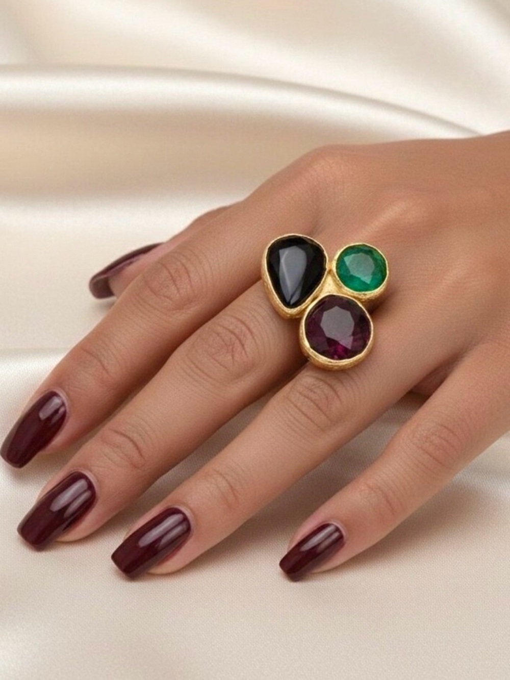 NEW Statement Cocktail Gemstone Cluster Ring 24K Plated Onyx Amethyst Emerald